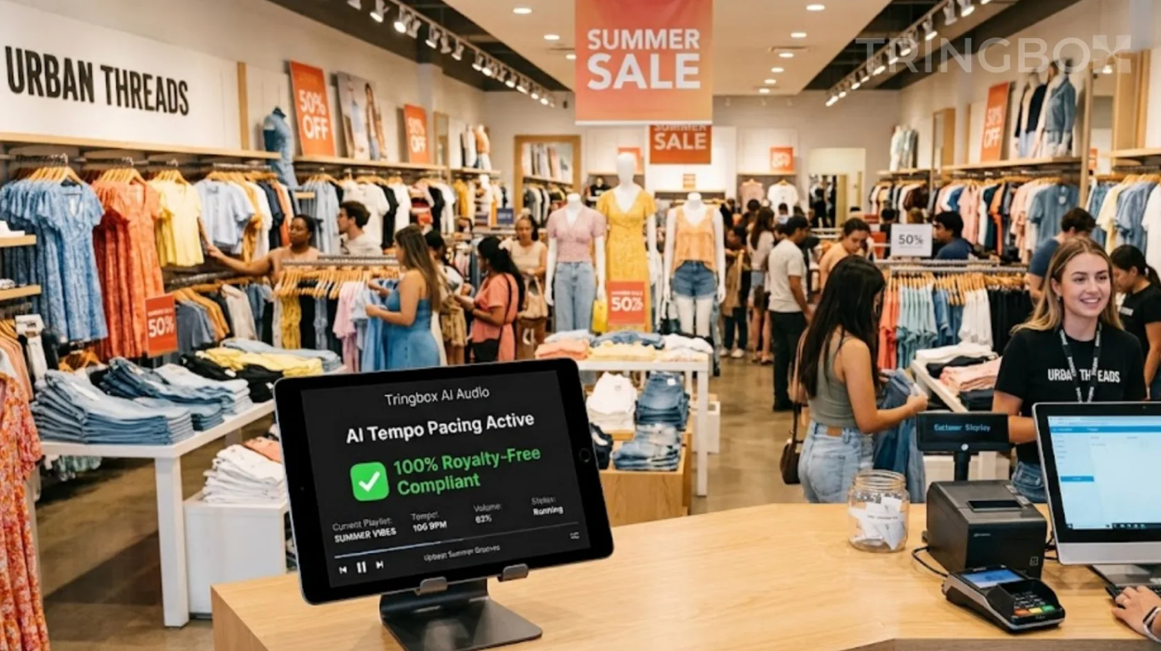 Busy but organized clothing store during a sale event with a Tringbox AI audio tablet at the checkout counter