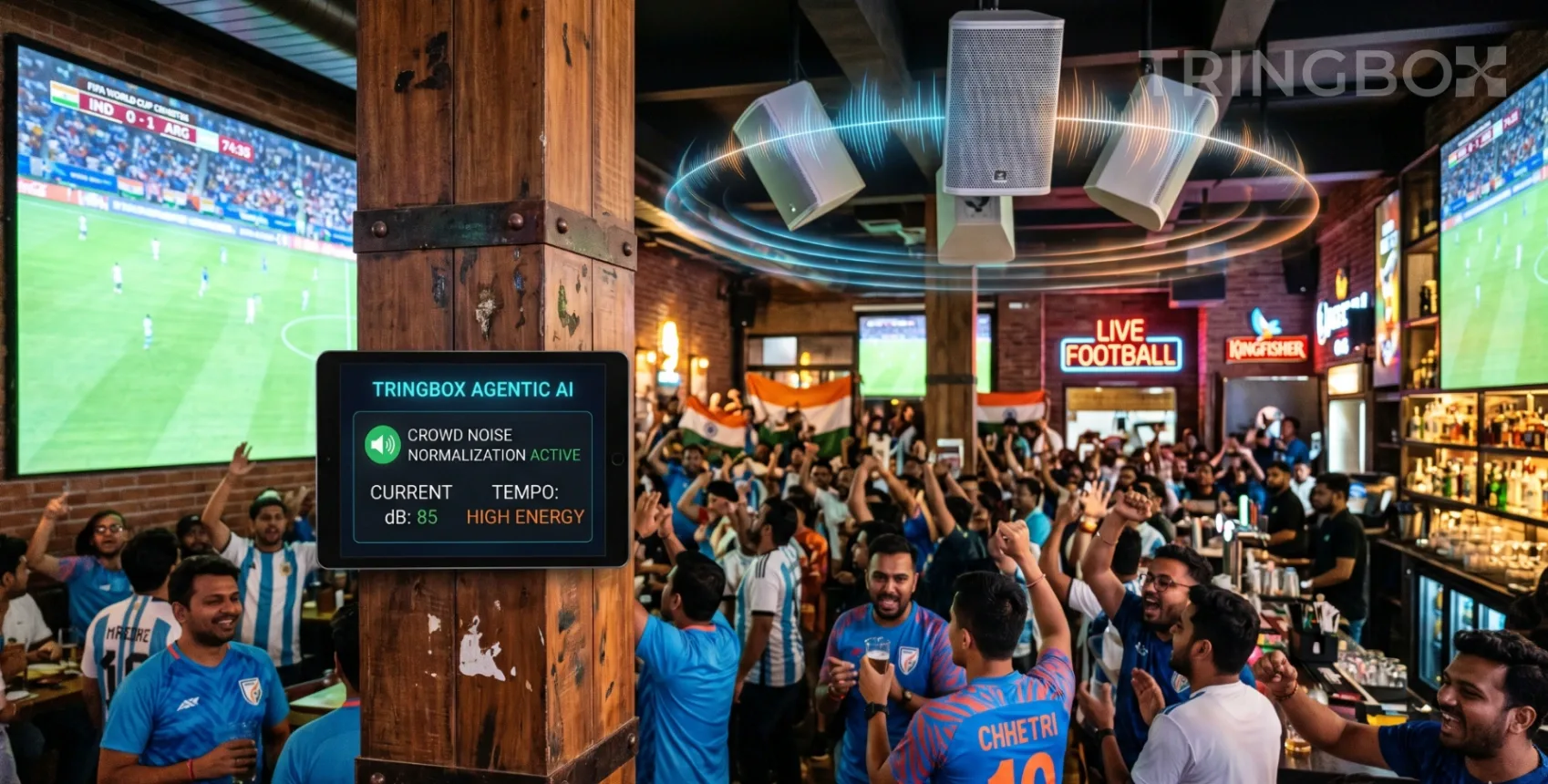 Crowded sports bar and retail space with digital dashboard showing Tringbox AI volume normalization