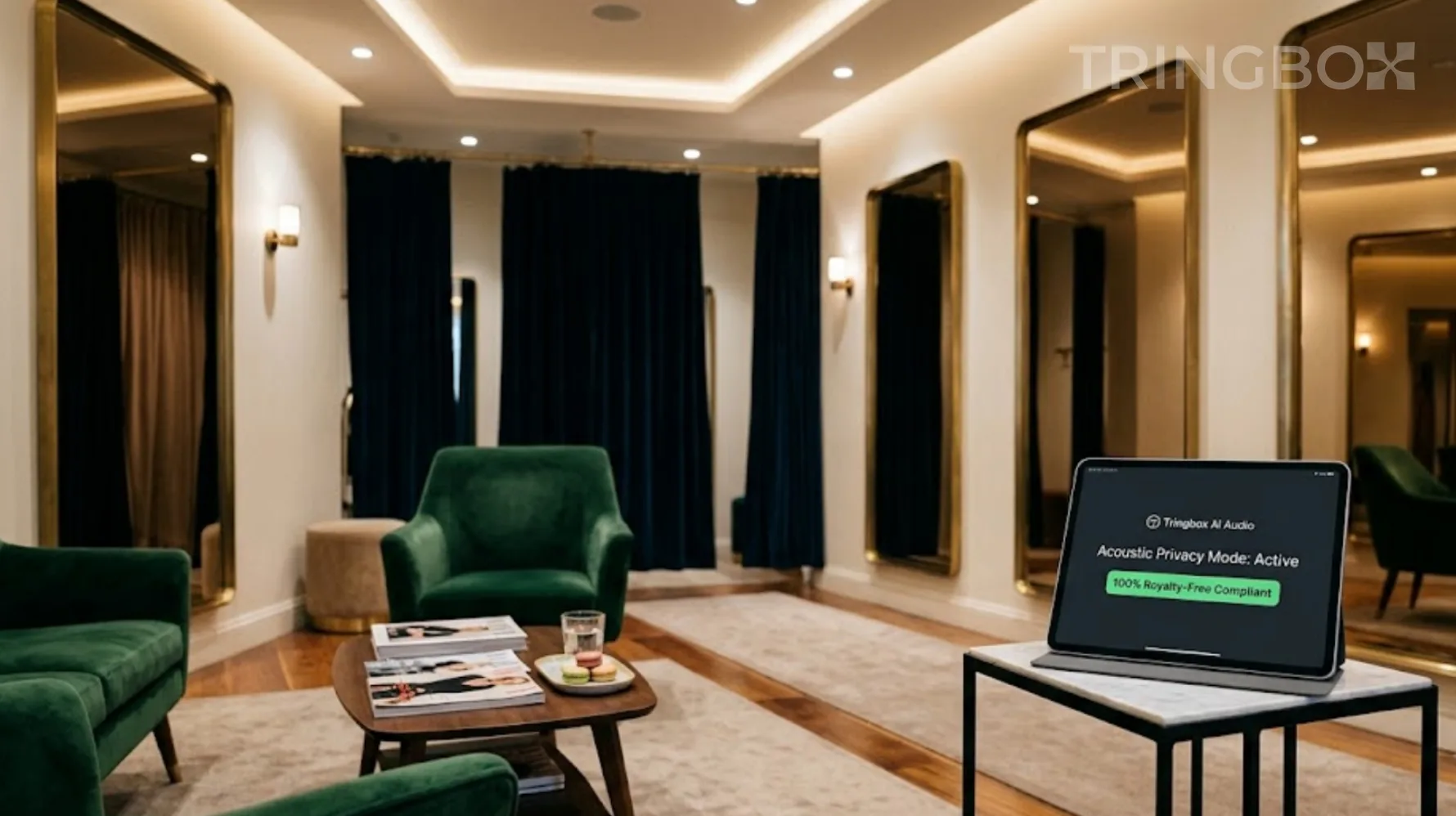 Elegant fitting room area in a clothing boutique featuring a Tringbox digital AI audio tablet