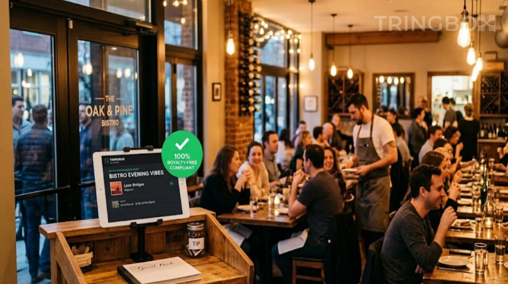 Warm, busy casual dining restaurant featuring a simple Tringbox digital display for centralized AI audio