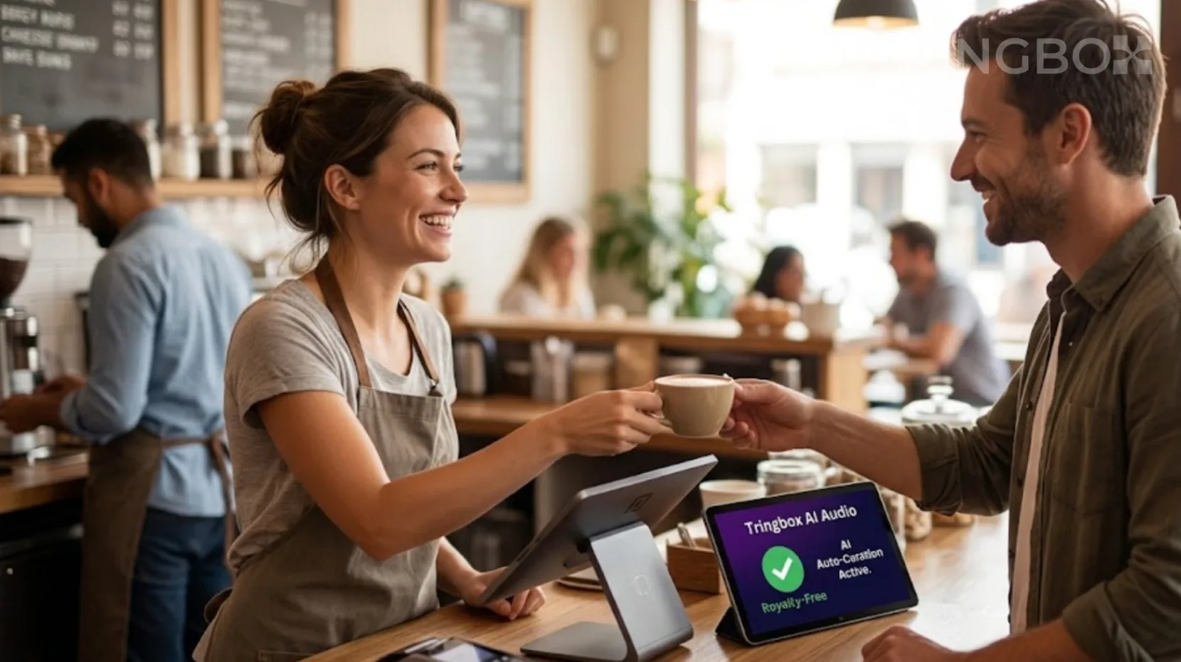Relaxed and smiling cafe worker happily serving a customer, with a Tringbox AI audio tablet visible in the foreground