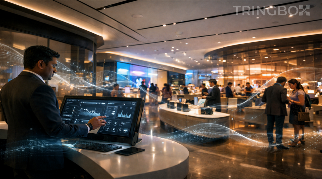 A futuristic visualization of sound waves and AI nodes interacting with a modern retail environment.