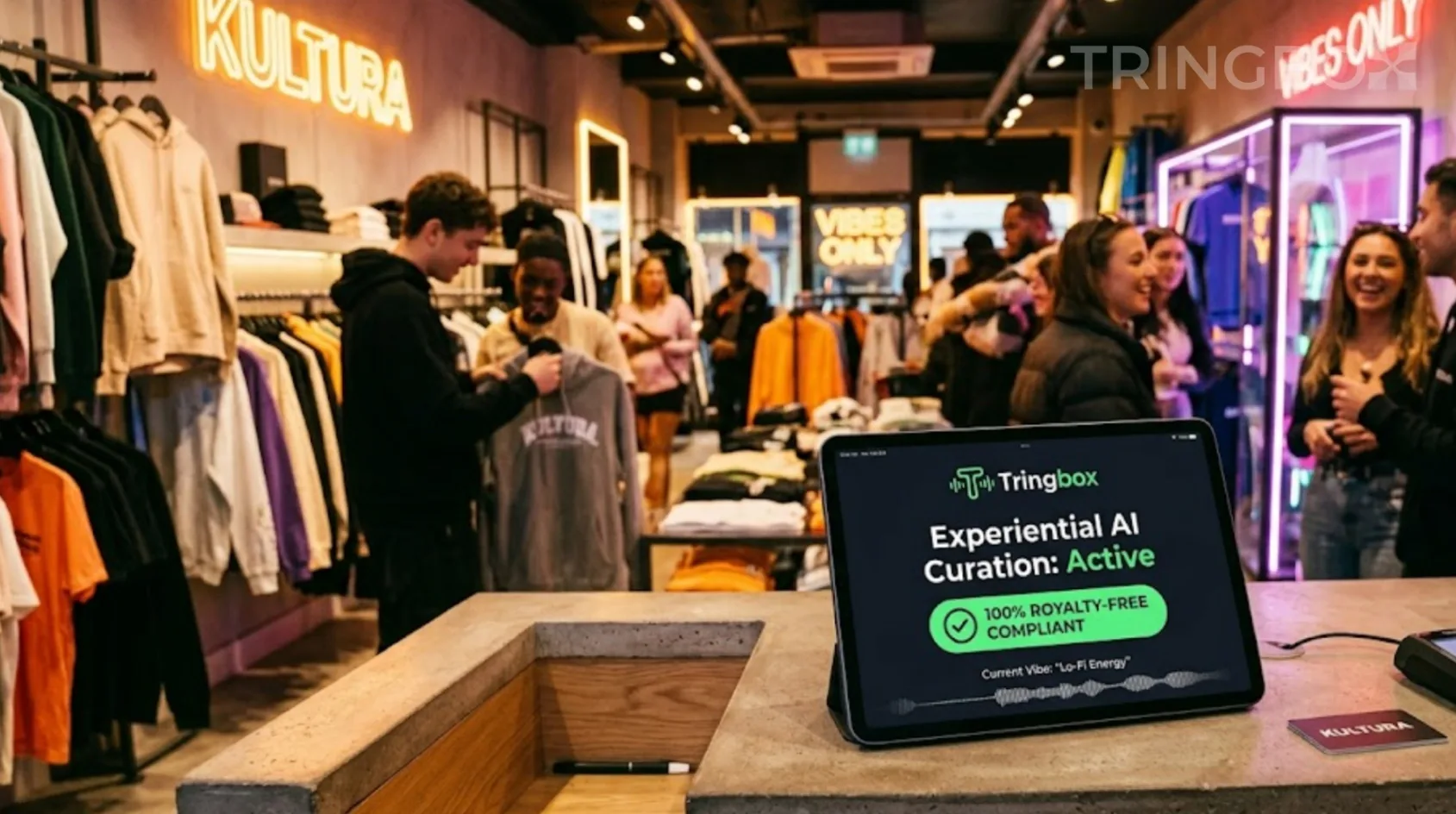 Young, stylish shoppers engaging in a vibrant, immersive retail environment powered by Tringbox AI audio