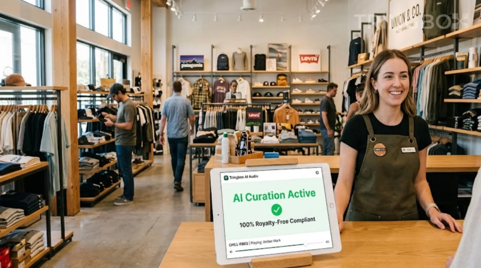 Clean, well-lit retail store interior with a tablet displaying the Tringbox AI audio dashboard