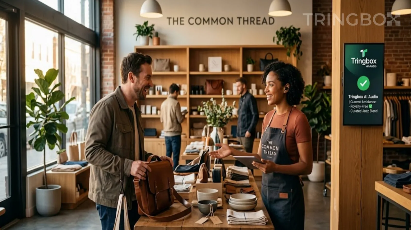 Store associate engaging warmly with a customer while Tringbox AI audio quietly optimizes the ambiance