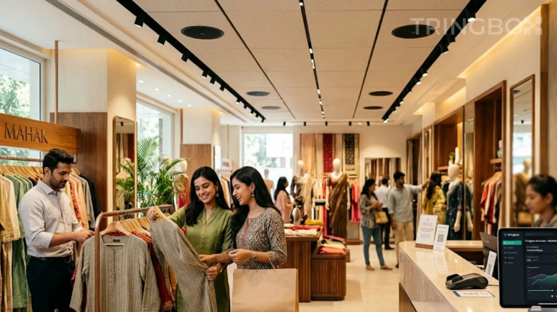 Fashion retail store in India with customers browsing apparel under calibrated Tringbox background music
