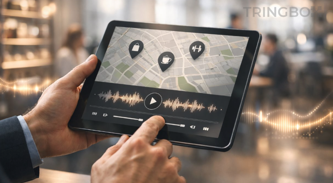 Tringbox AI music generator interface showing real-time audio composition for a retail store