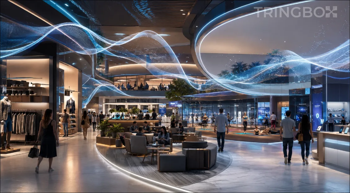 An enterprise-grade cloud management system interface showing real-time audio analytics, licensing compliance tracking, and automated atmospheric optimization across a national retail store network.