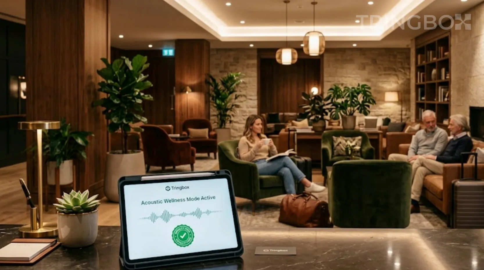 Relaxing, warmly lit hotel lobby with guests and a Tringbox digital AI audio tablet on the reception desk