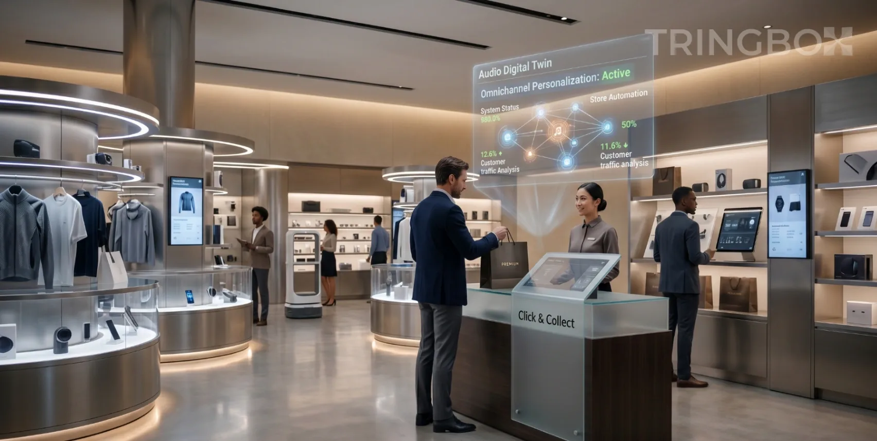 Modern omnichannel retail environment featuring seamless AI audio and digital media integration