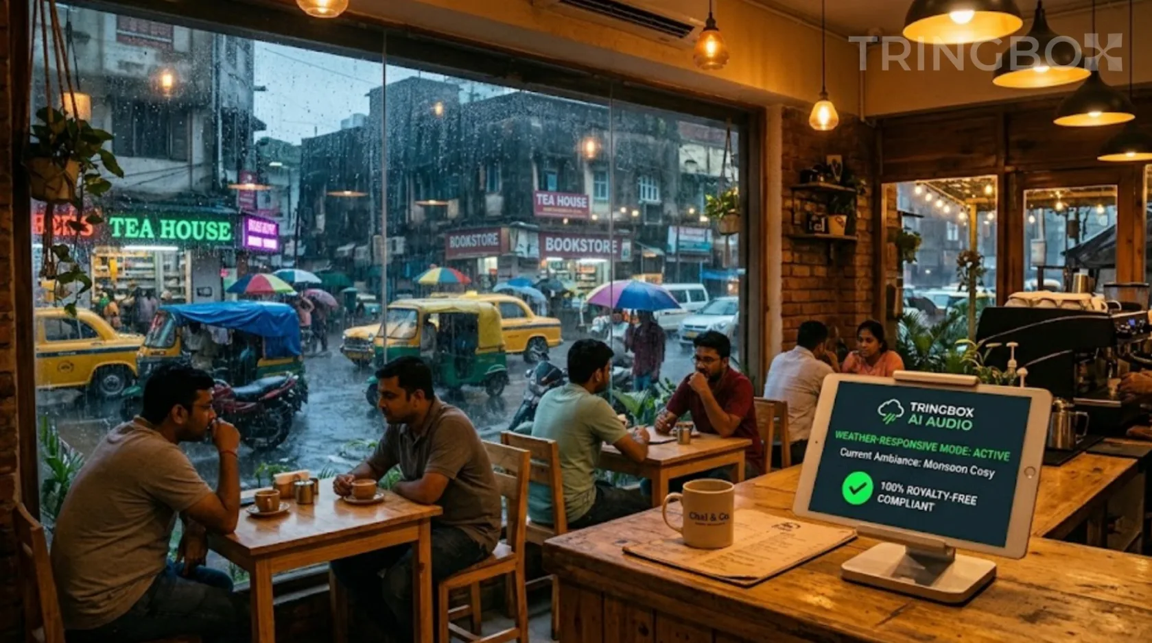 Cozy, warm retail cafe in Kolkata during a rainstorm, featuring a Tringbox AI audio tablet