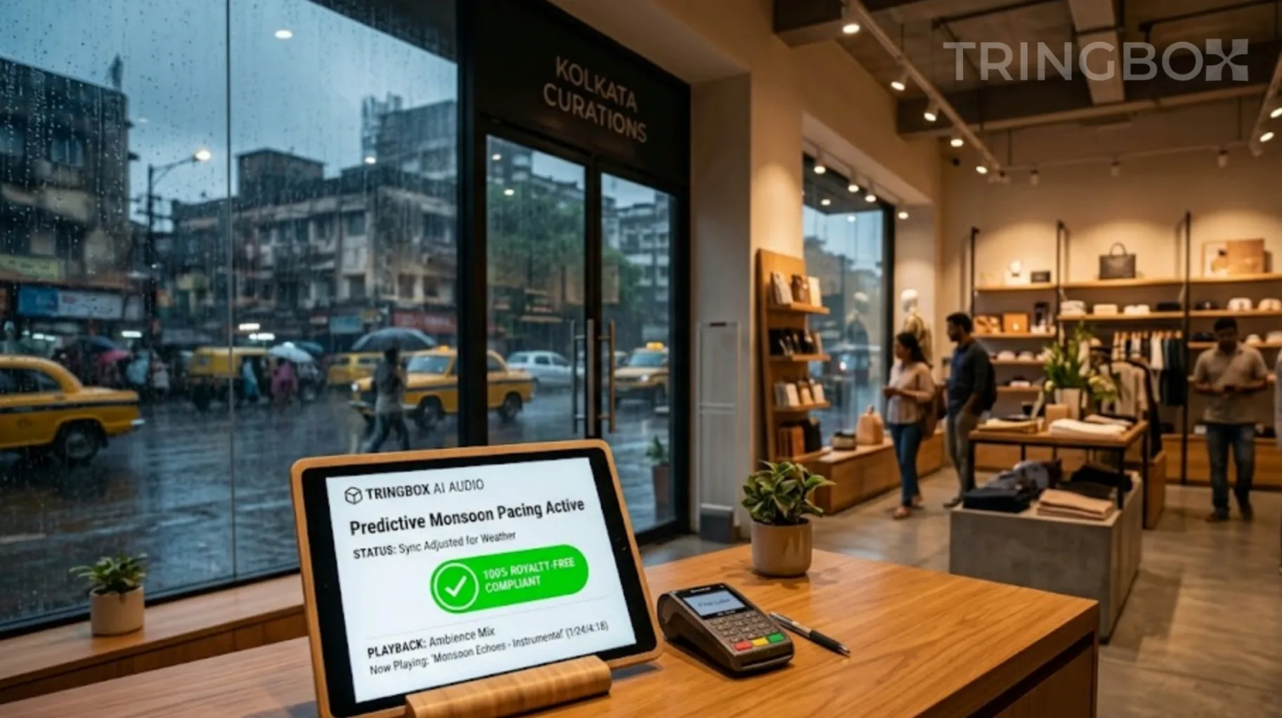 Warm, inviting Kolkata multi-brand store interior during heavy rain, with a Tringbox AI audio display