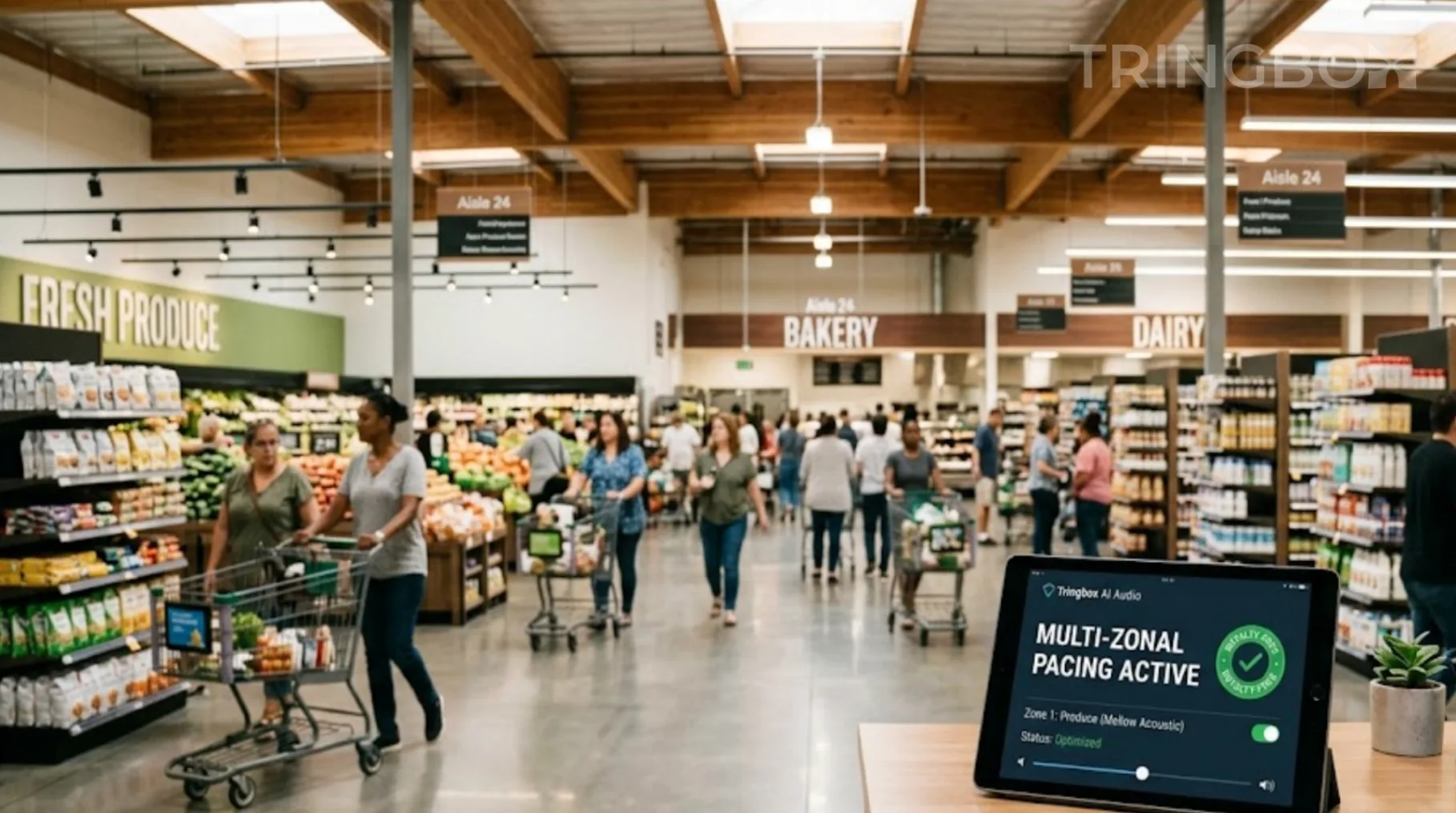 A massive, well-organized supermarket with smooth customer flow and a Tringbox AI audio dashboard visible