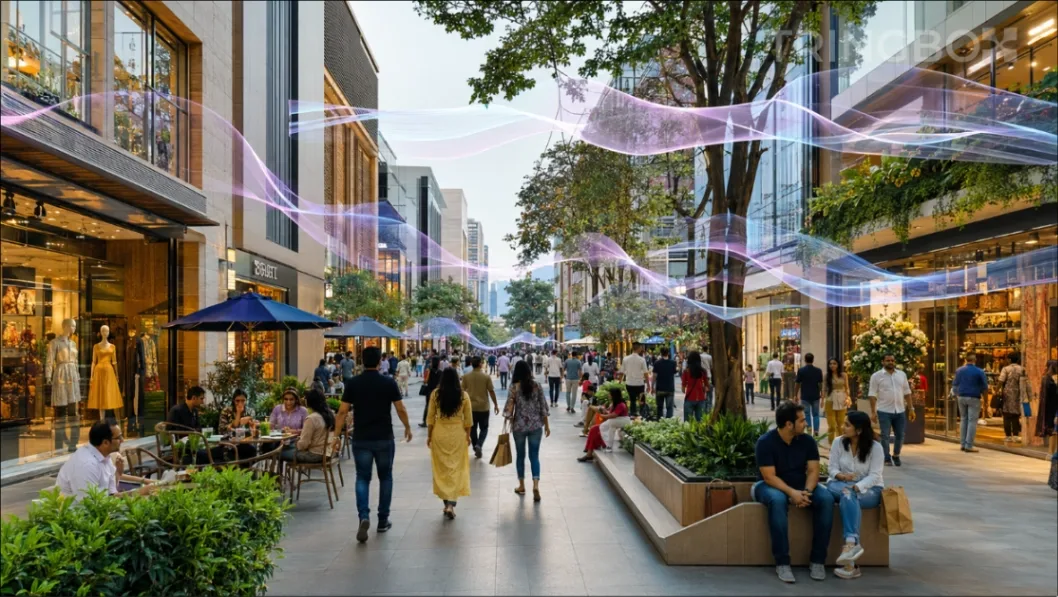 A bustling, modern Indian retail high street showing diverse businesses, representing Tringbox's wide reach in the market.