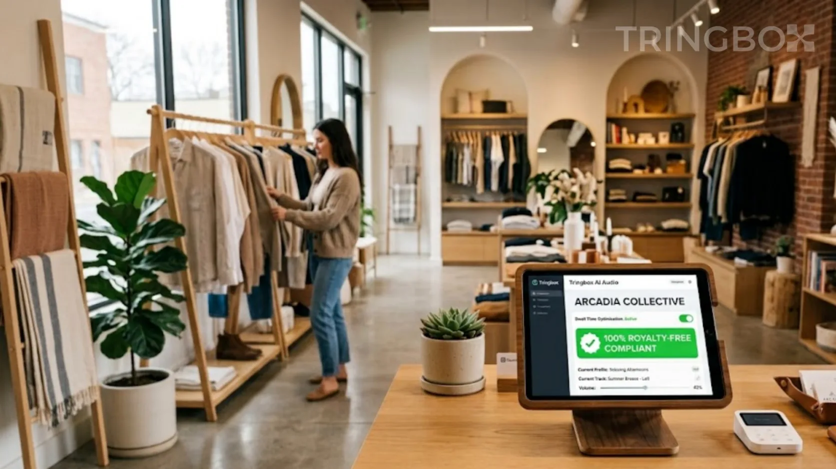 Relaxed shopper browsing in a calm, aesthetic multi-brand retail store with Tringbox AI audio active