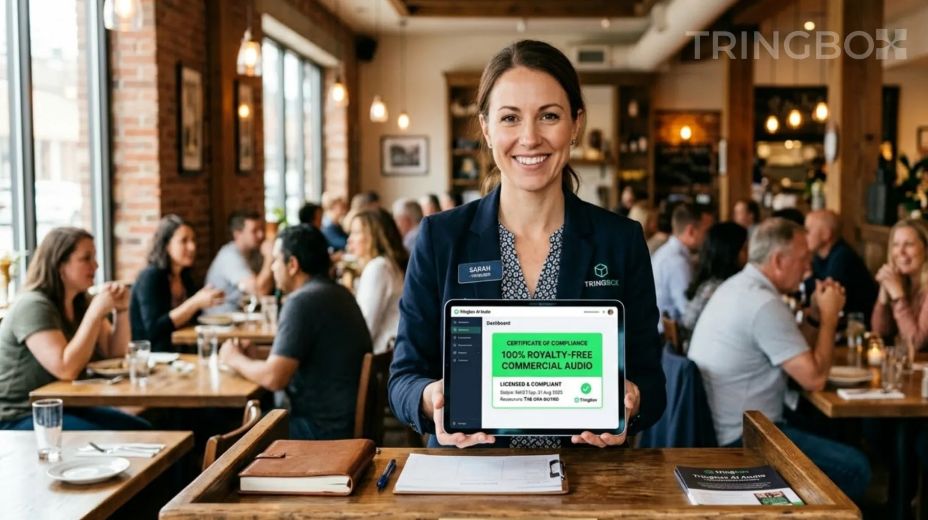 Busy restaurant manager confidently presenting a digital Tringbox compliance certificate on a tablet during a mid-year copyright audit