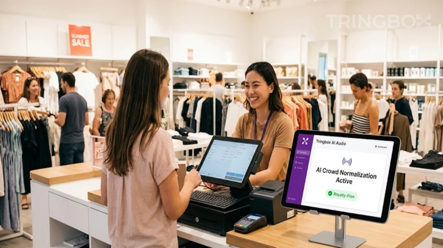 Busy retail store during a sale, with staff efficiently managing checkouts near a Tringbox AI audio tablet