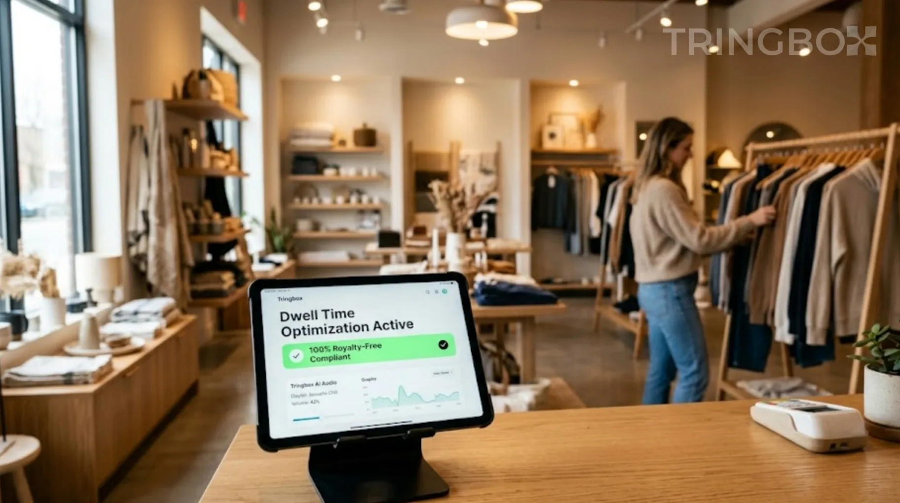 A relaxed shopper browsing in a calm, beautifully lit retail store with a Tringbox AI audio tablet visible