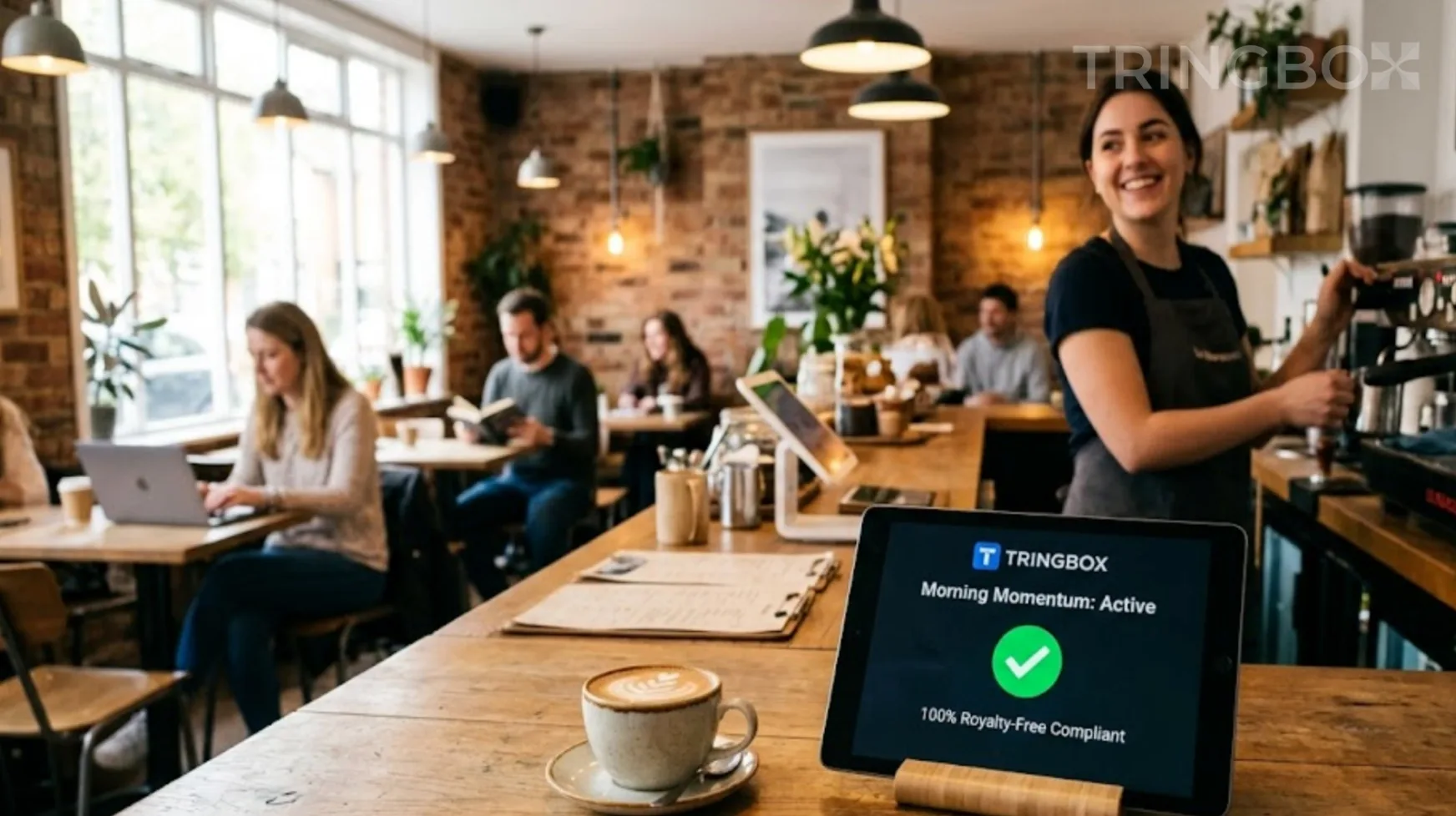 A bright, welcoming cafe on a Monday morning with a Tringbox AI audio tablet managing the atmosphere