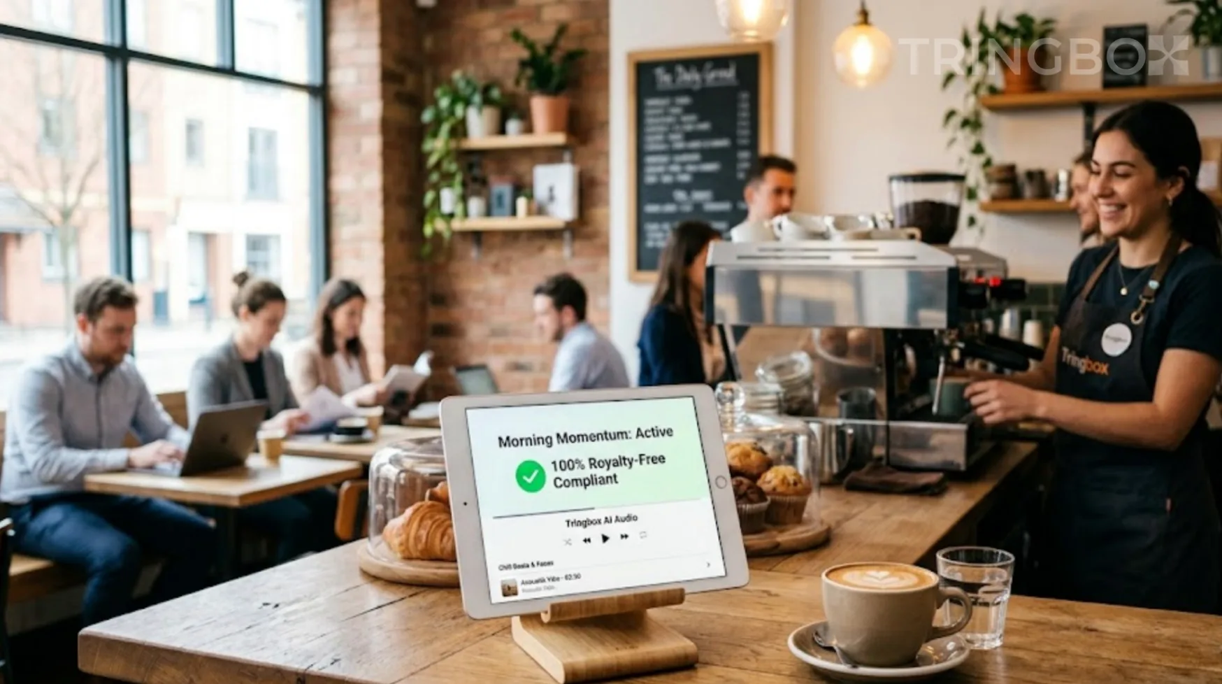 A bright, welcoming cafe on a Monday morning with a Tringbox AI audio tablet managing the atmosphere