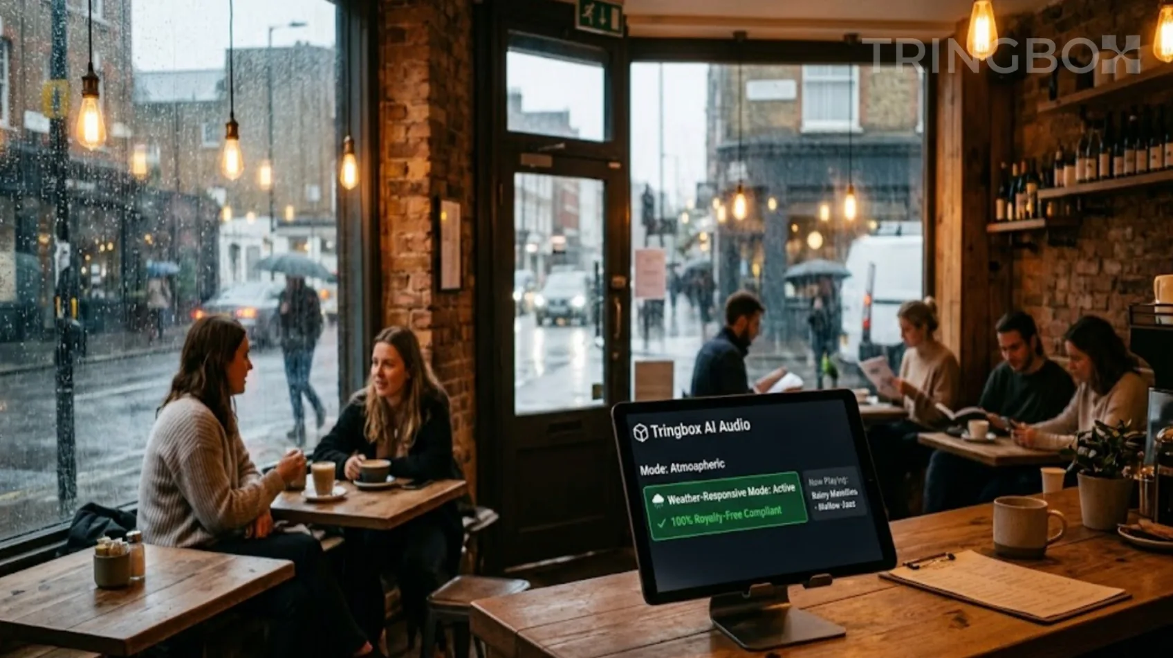 Cozy cafe interior during a rainy day, featuring a tablet displaying the Tringbox AI audio interface