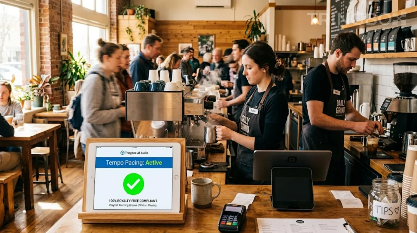 Busy but organized morning cafe with baristas working efficiently and a Tringbox AI audio tablet on the counter
