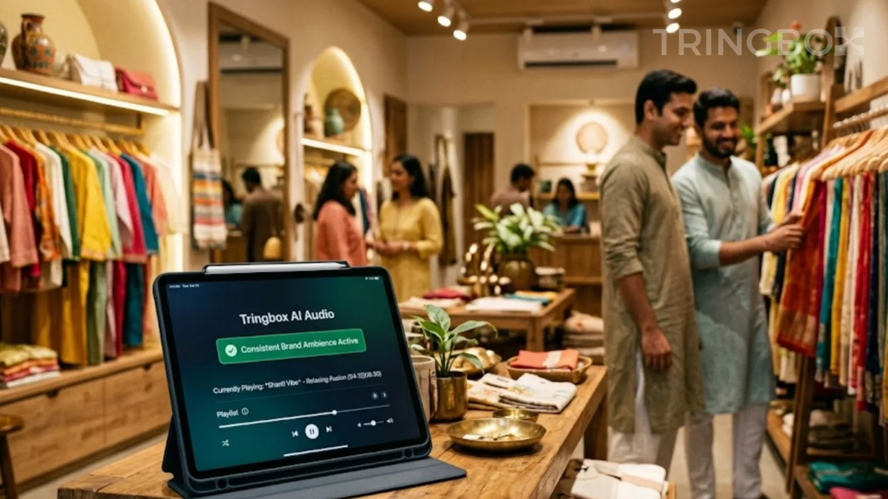 A vibrant retail store environment delivering a consistent emotional brand experience through AI audio.