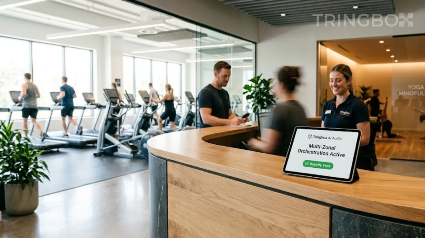 Sleek reception area of a modern multi-zone fitness center featuring a Tringbox AI audio tablet