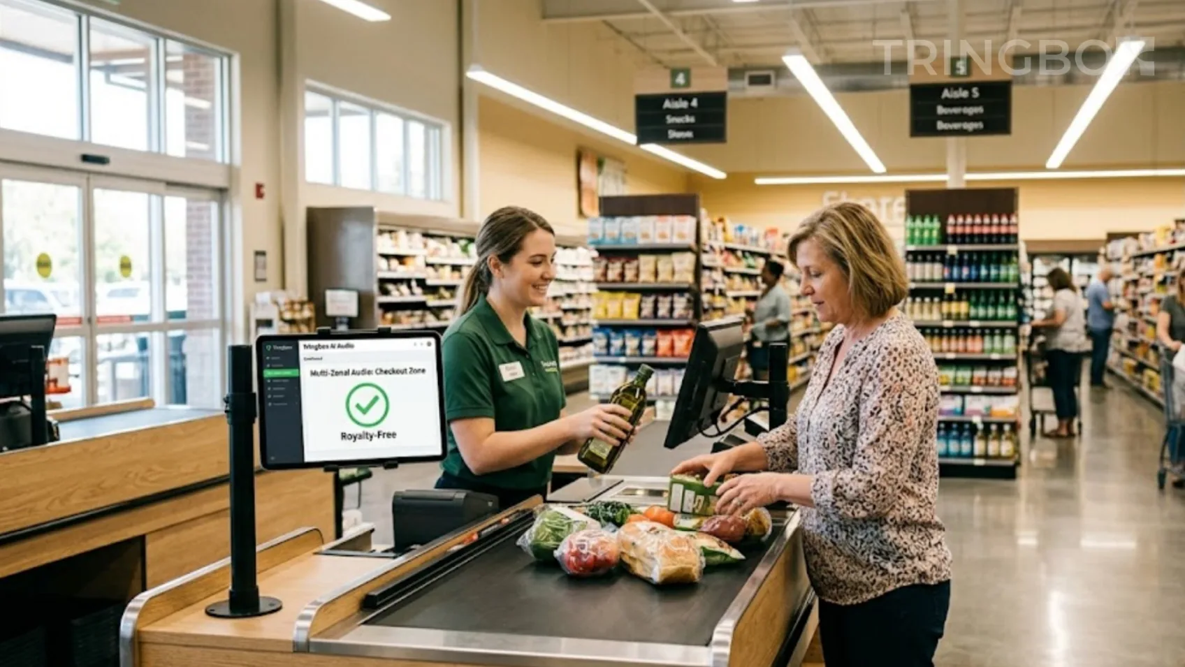 Large format grocery store showing different customer zones with a Tringbox tablet at checkout