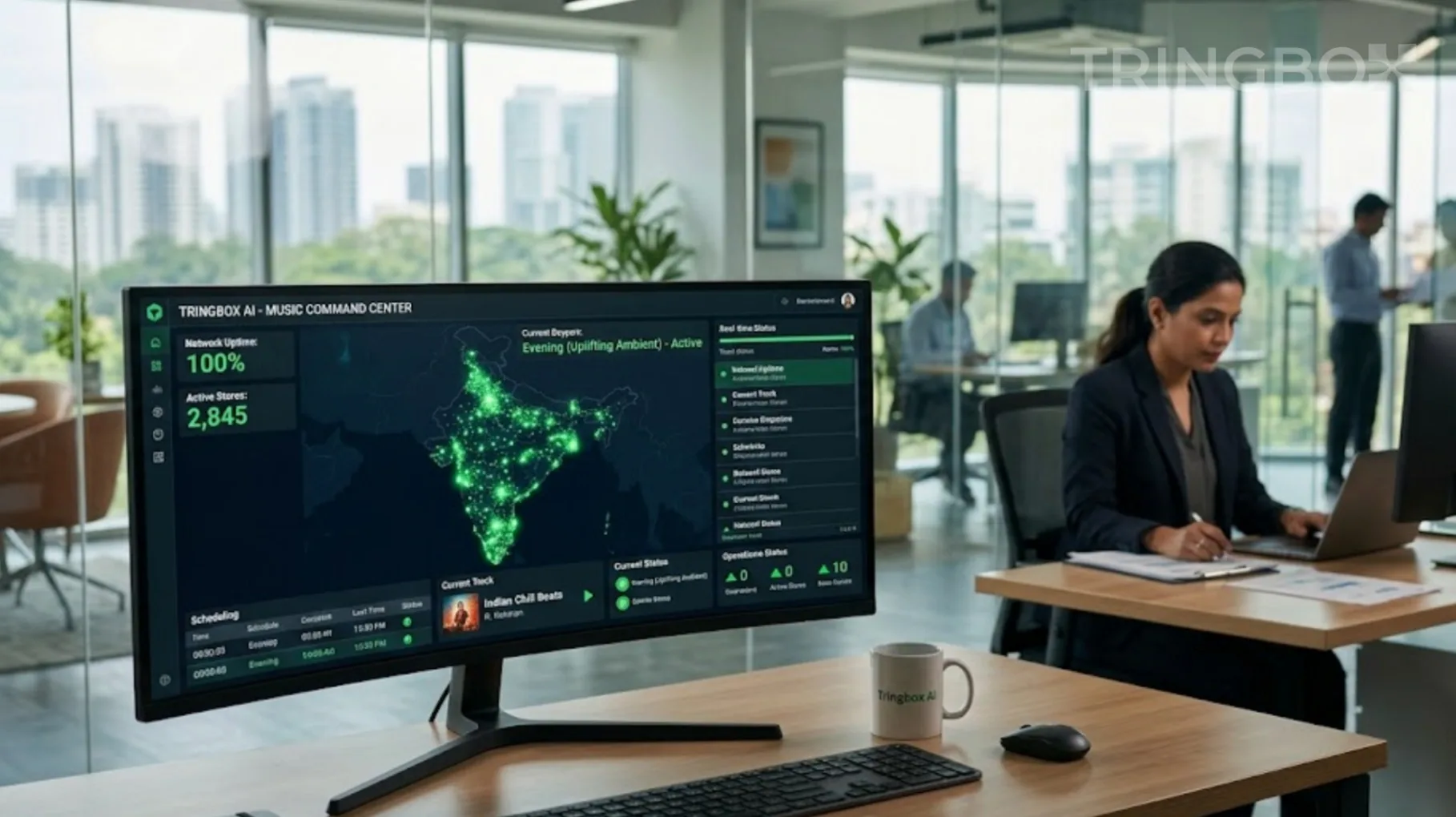 A centralized digital dashboard providing real-time visibility into the music playing across a retail chain.