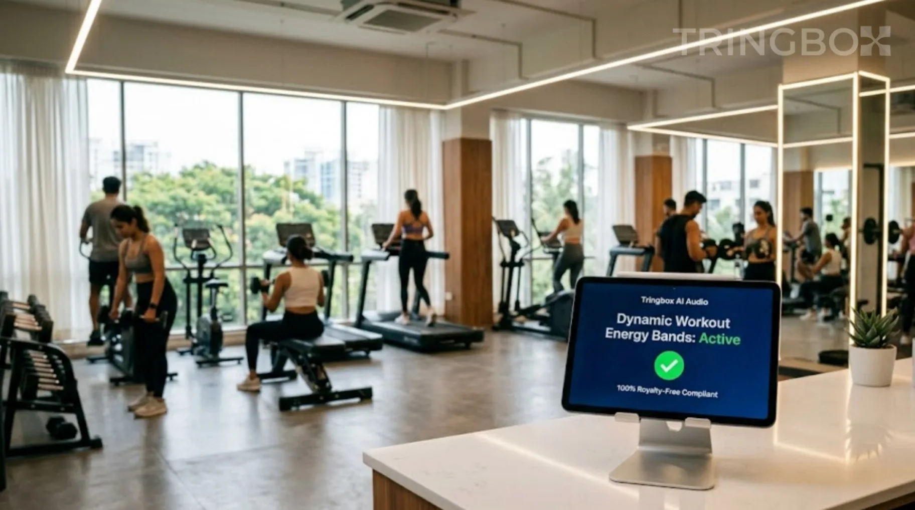 Modern fitness studio in India with members working out energetically and a Tringbox AI audio dashboard visible