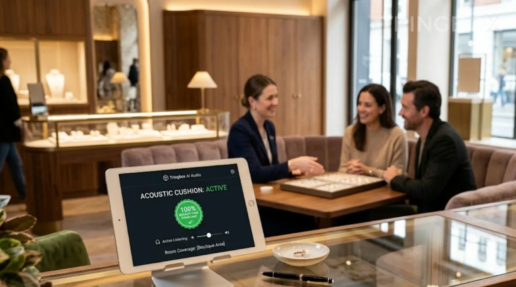 Premium jewelry store interior with staff assisting a couple, featuring a Tringbox AI audio tablet