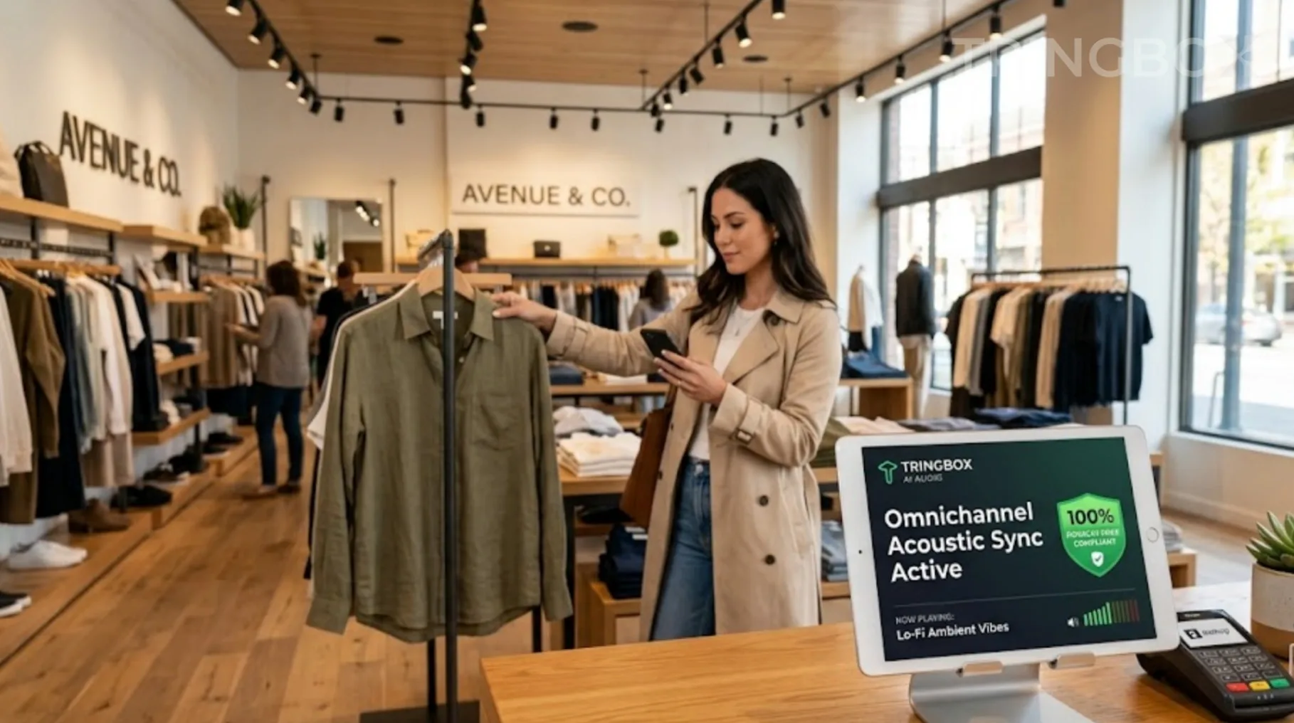 Customer comparing a product on a mobile app inside a premium retail store with Tringbox AI audio active