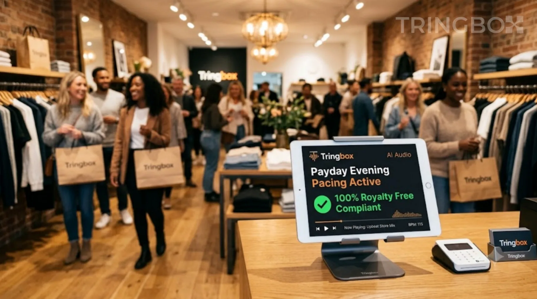Excited shoppers in a well lit clothing store on payday Friday with a Tringbox AI audio tablet visible