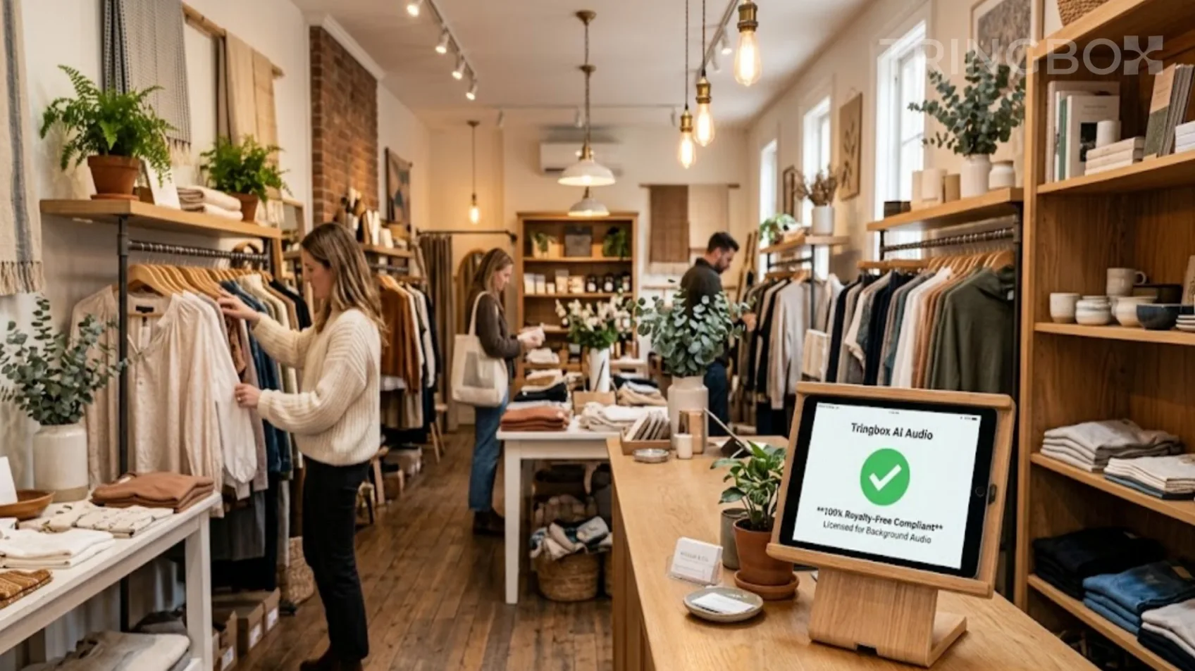 Warm, inviting retail clothing boutique featuring a simple Tringbox digital display for royalty-free AI music