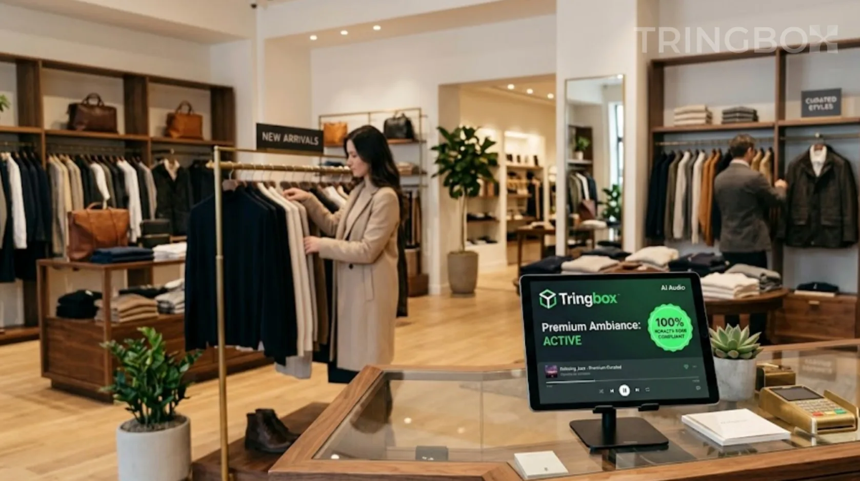 Elegant, calm retail clothing store after a sale, featuring a Tringbox digital AI audio display