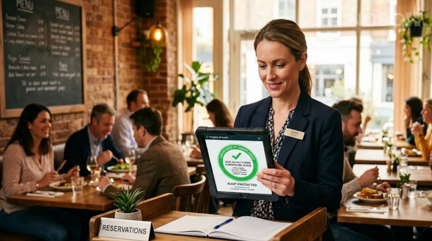 Professional retail manager holding a Tringbox compliance certificate on a tablet, ensuring legal security
