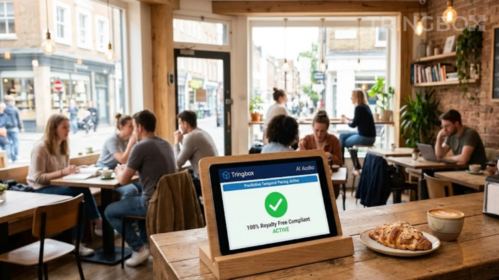 A welcoming cafe on a Wednesday afternoon featuring a Tringbox AI audio tablet managing the atmosphere