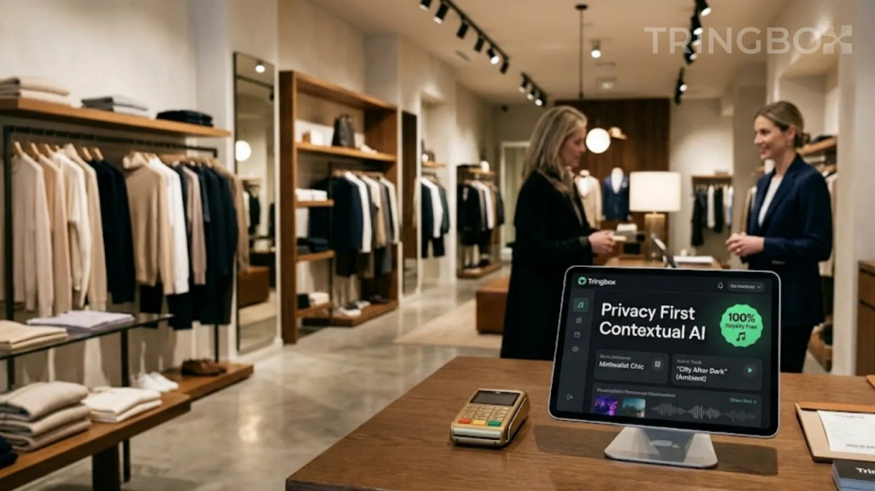 Clean, premium retail store with no visible cameras, featuring a Tringbox AI audio tablet