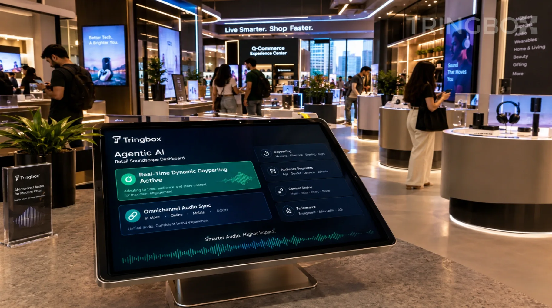A hyper-modern, tech-forward retail experience center in India featuring sleek product displays, ambient architectural lighting, and seamless omnichannel integration.