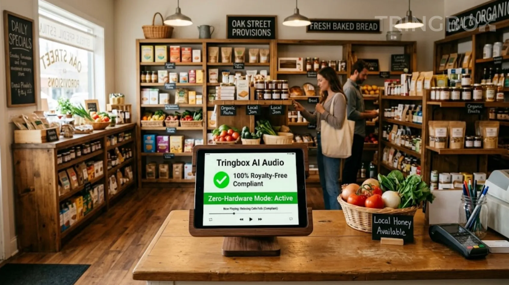 Simple retail counter with a Tringbox AI audio tablet replacing bulky traditional audio equipment