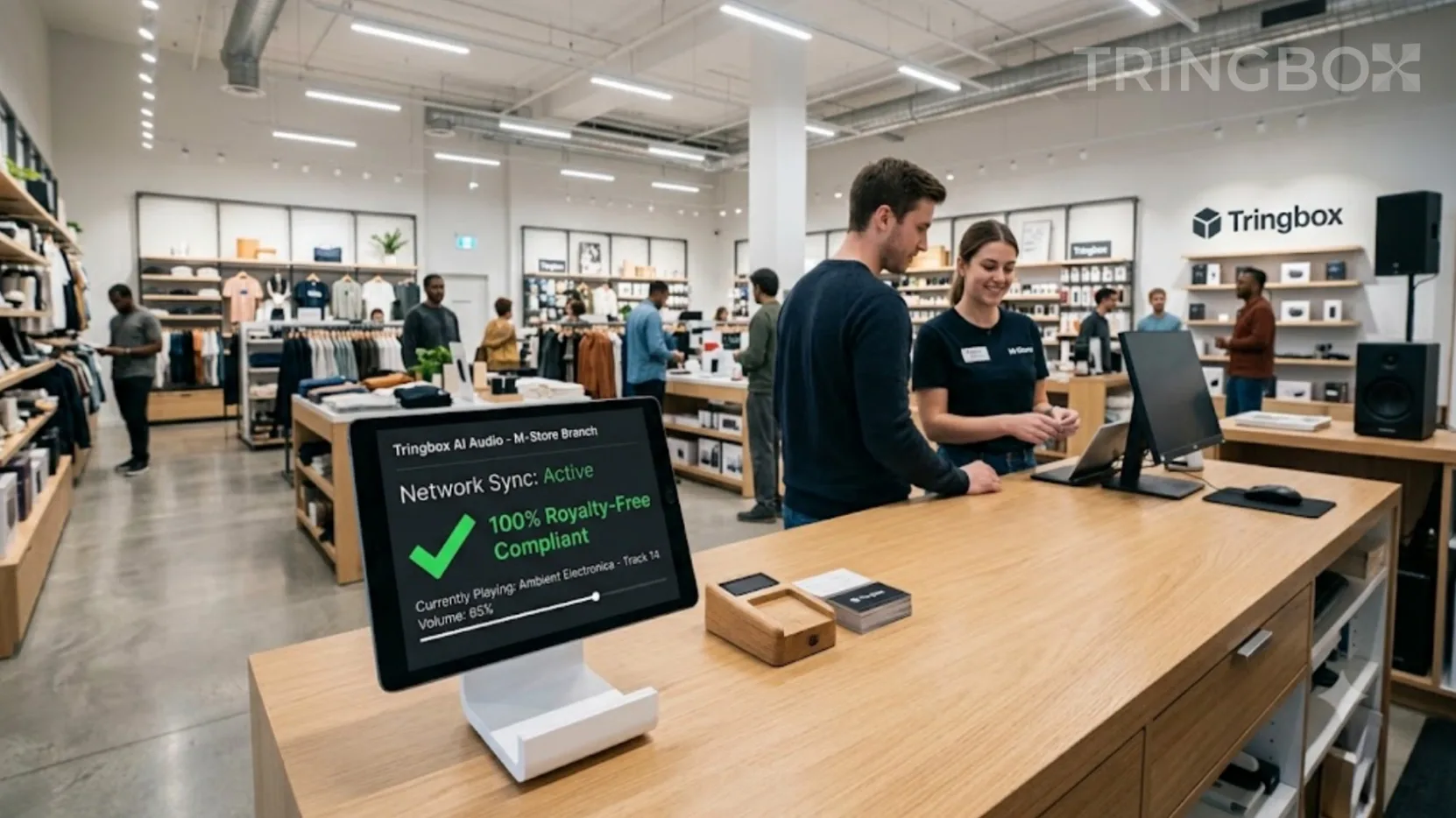 Clean, well-lit retail store interior with a tablet displaying the Tringbox AI audio dashboard for centralized network control