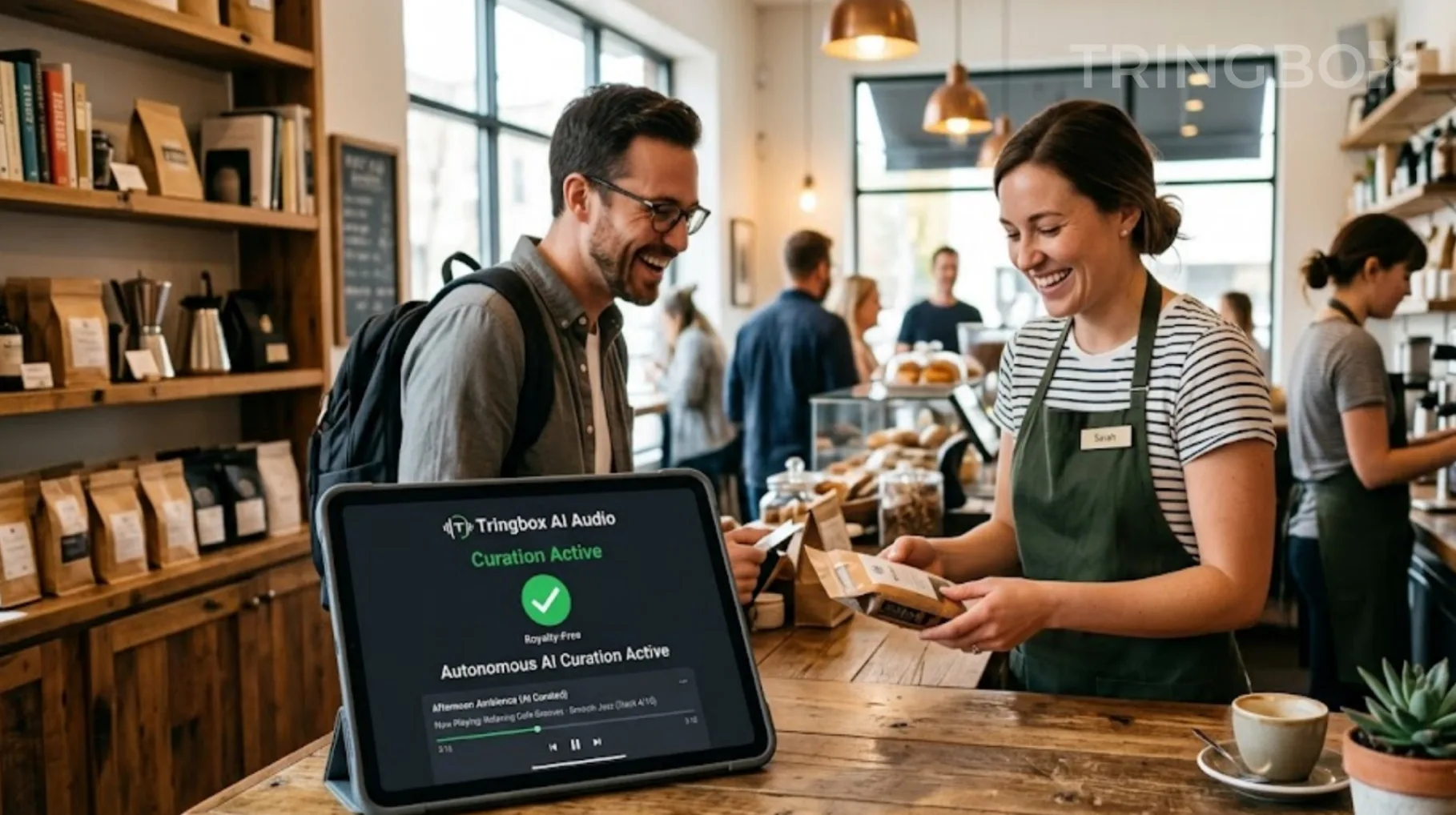 Relaxed and smiling store associate helping a customer, with a Tringbox AI audio tablet visible in the foreground