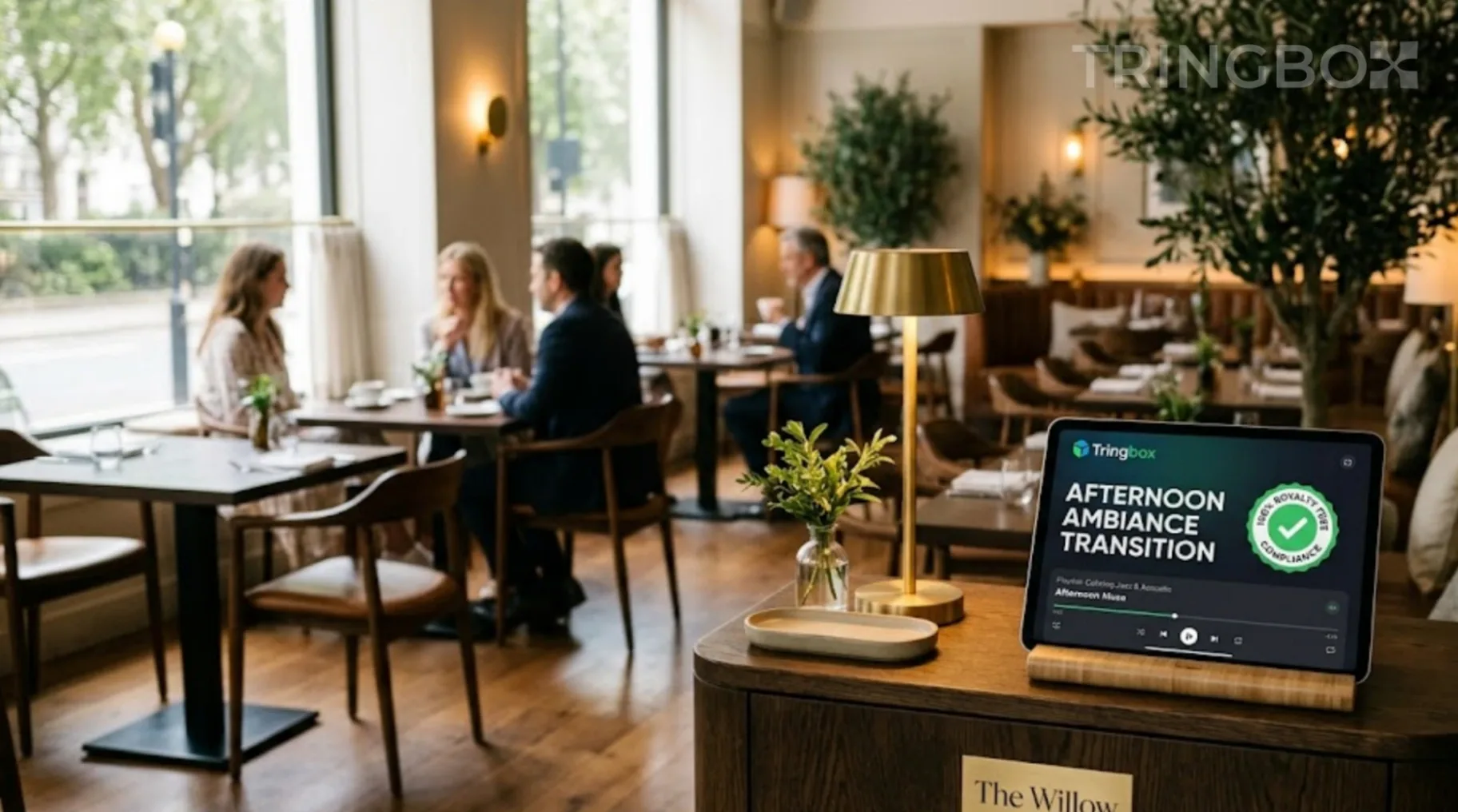 A stylish casual dining restaurant seamlessly transitioning from a busy lunch rush to a calm afternoon with Tringbox AI audio