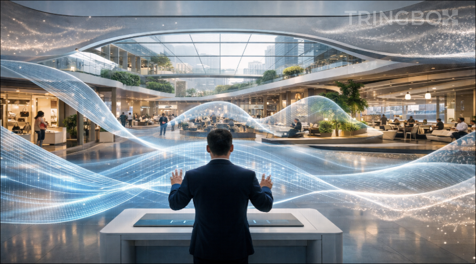 A vibrant, modern Indian retail space blending traditional architecture with high-tech AI sensory management.