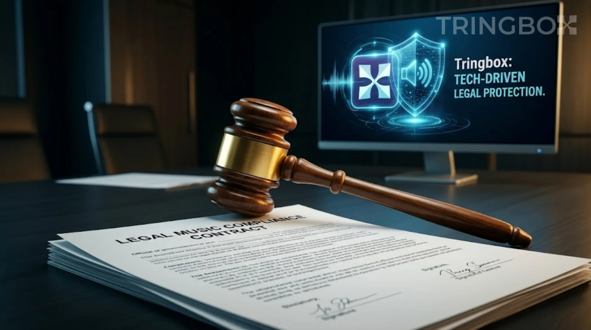 A digital graphic showing a gavel resting on a music compliance agreement with the Tringbox logo glowing securely in the background