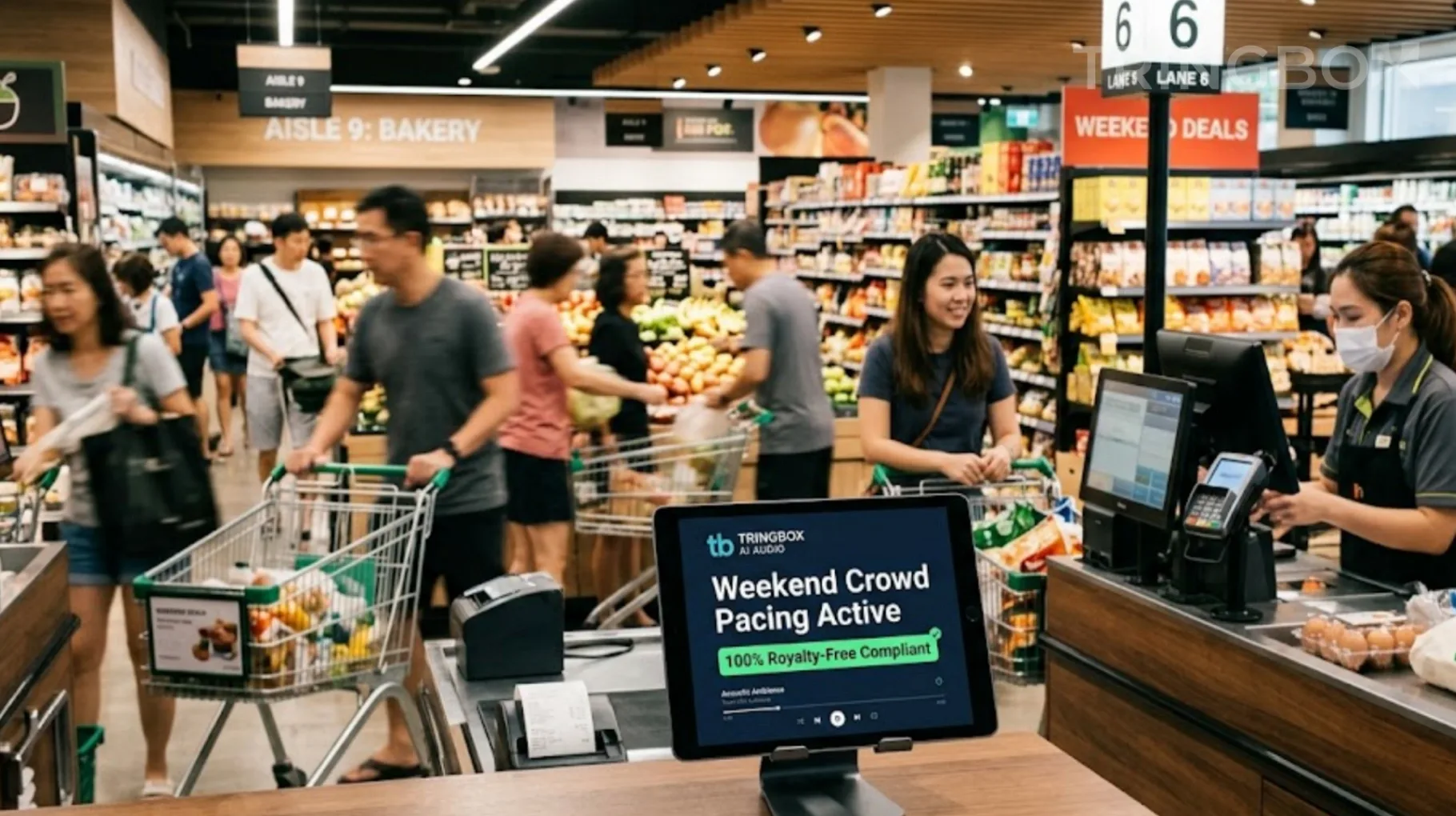 Busy retail supermarket efficiently handling a weekend rush with Tringbox AI audio active on a digital tablet