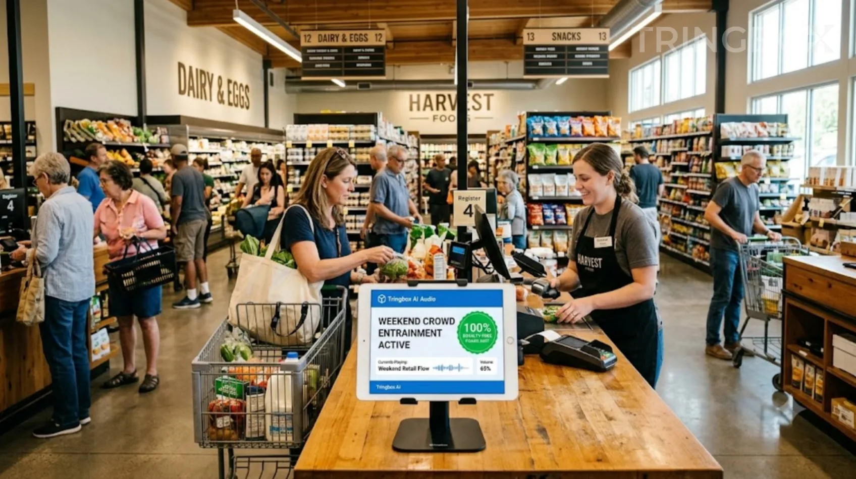 Busy retail supermarket efficiently handling a weekend rush with Tringbox AI audio active on a digital tablet