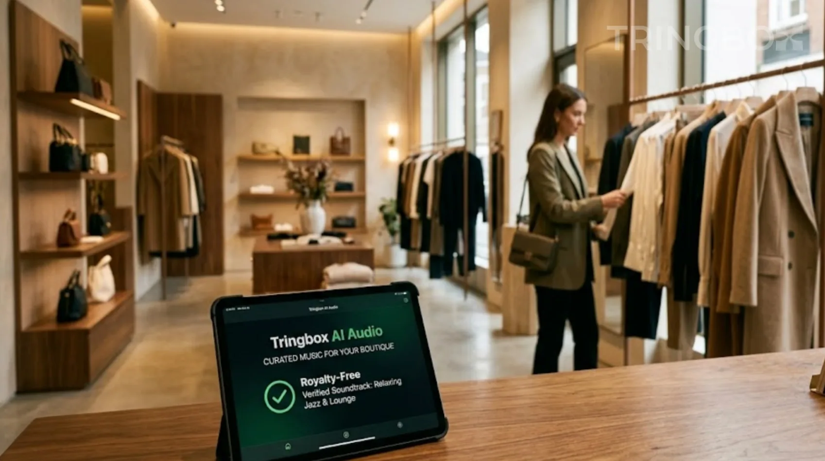 Elegant retail store interior displaying perfect sensory alignment and a Tringbox compliance tablet