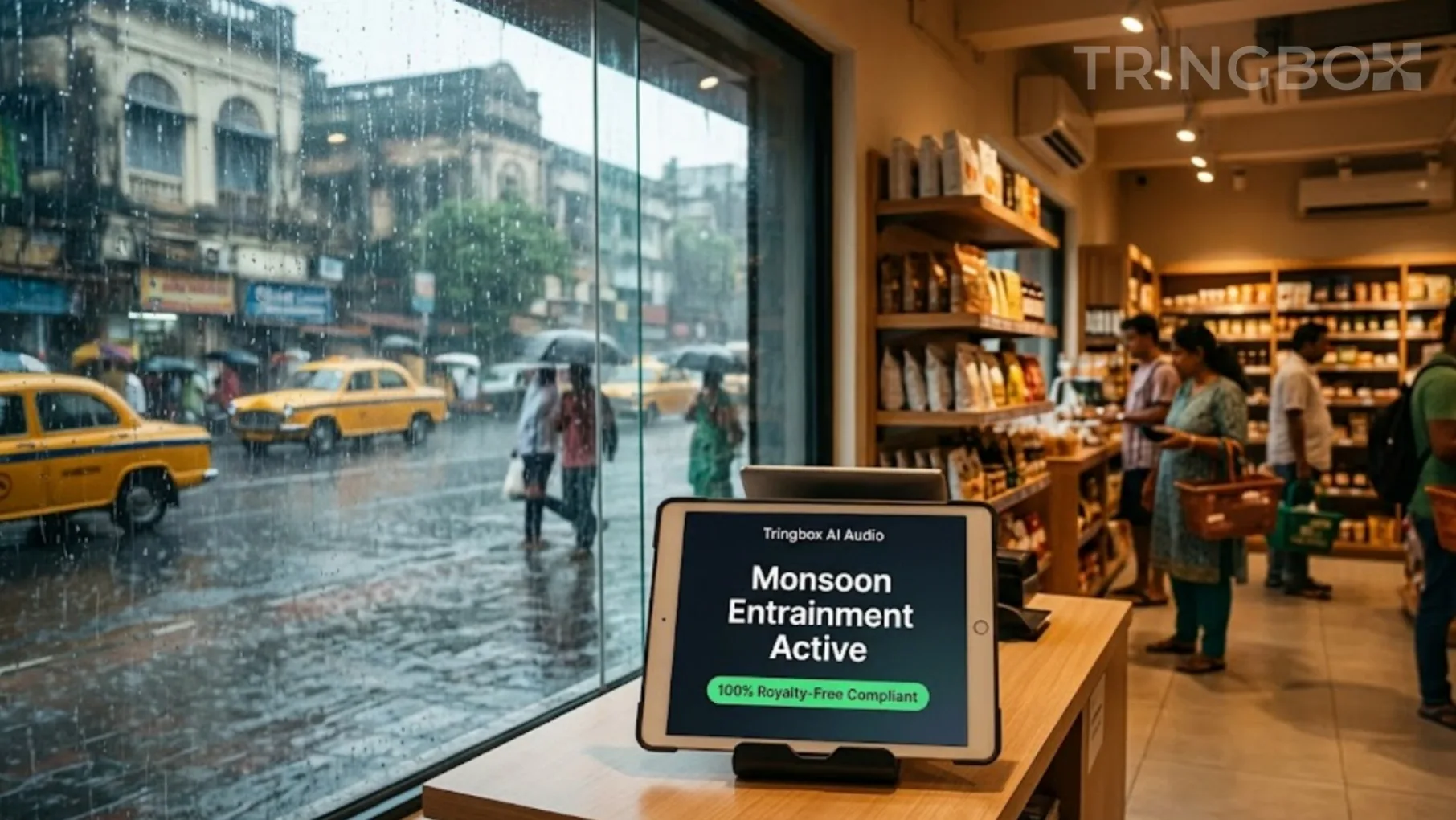 Warm, inviting retail store interior in Kolkata during a heavy monsoon storm, featuring a visible Tringbox AI audio tablet managing volume